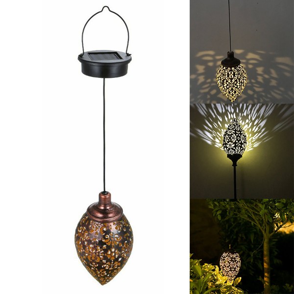 Solar Powered LED Light Lantern Hanging Outdoor Lamp Olive Shape Design Sensitive Light Sensor Control for Patio Courtyard Balco