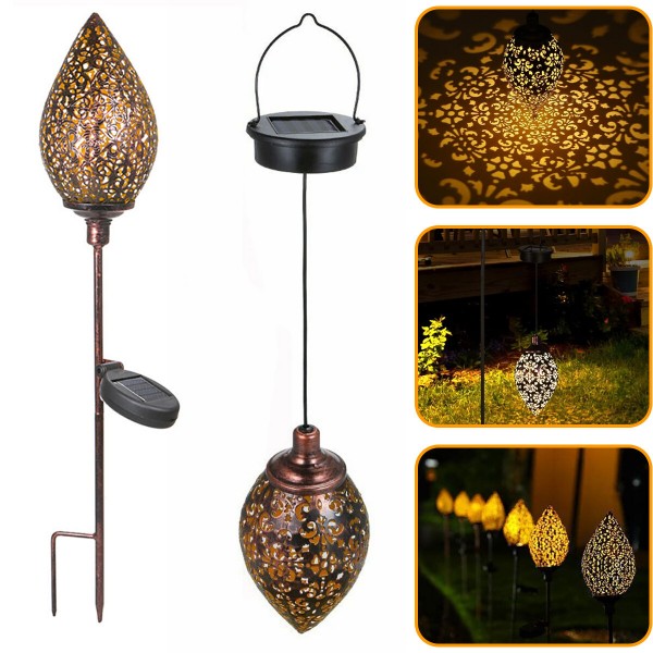 Solar Powered LED Light Lantern Hanging Outdoor Lamp Olive Shape Design Sensitive Light Sensor Control for Patio Courtyard Balco