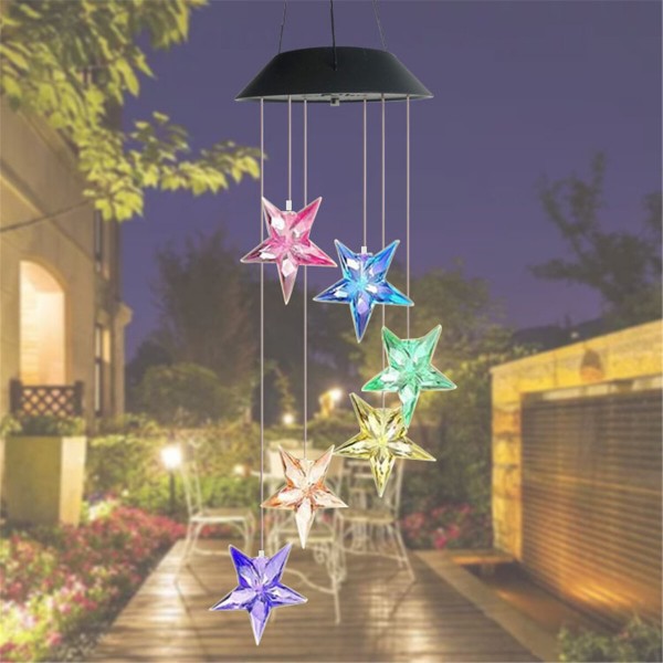 Solor Powered Star Wind Chime Light Outdoor Garden Waterproof Hanging Lamp Decor - Red