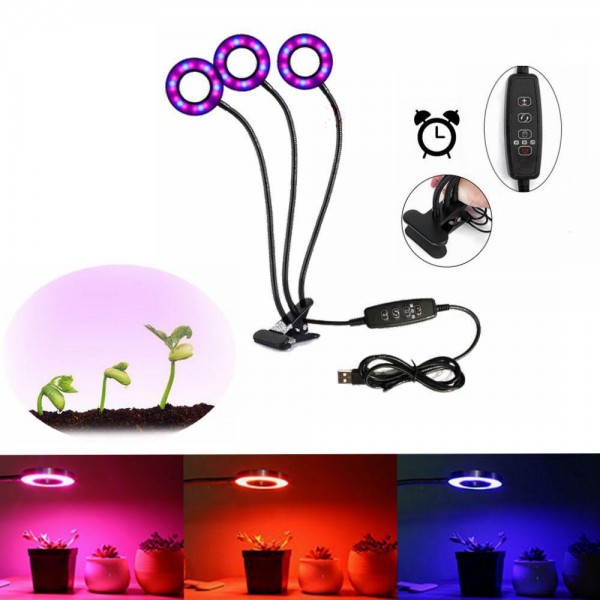 LUSTREON USB 18W 3Heads Clip-on Grow Light  Dimmable Timing Plant Lamp for Indoor Flower DC5V 