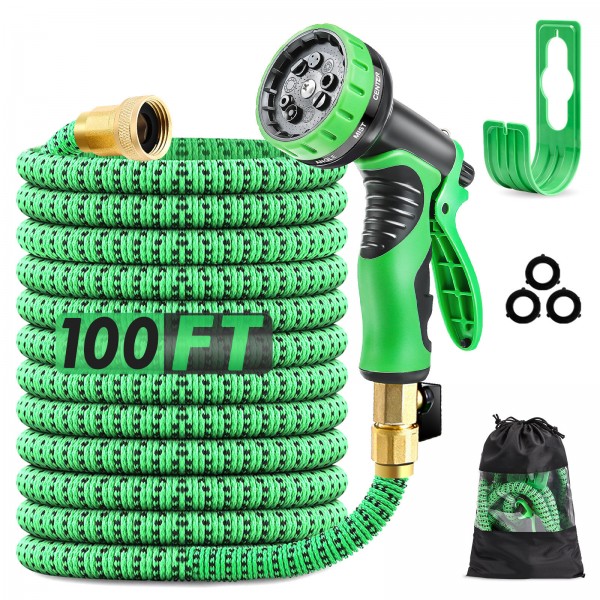 PATHONOR 75FT/100FT US Standard Expandable Flexible Green Garden Water Hose Plastic Hose Garden Watering Sets - 100Ft