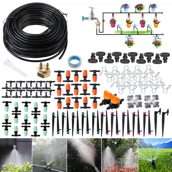 Garden Irrigation System 18m 138pcs Greenhouse Micro Drip Irrigation Kit Watering System ith Brass Threaded Connector - Black