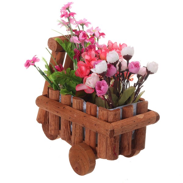 Small Cart Flower Pot Wooden Wheelbarrow Planter Succulent Container Ornament
