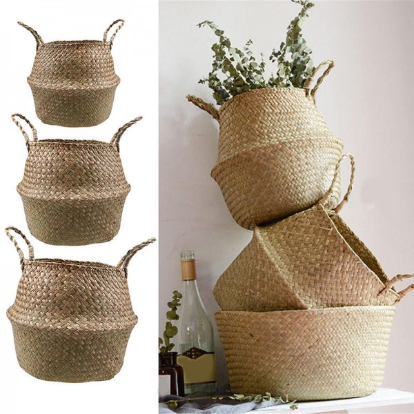 Garden Flower Pot Seagrass Belly Basket Storage Plant Pot Foldable Seeding Nursery Decoration Bag - S