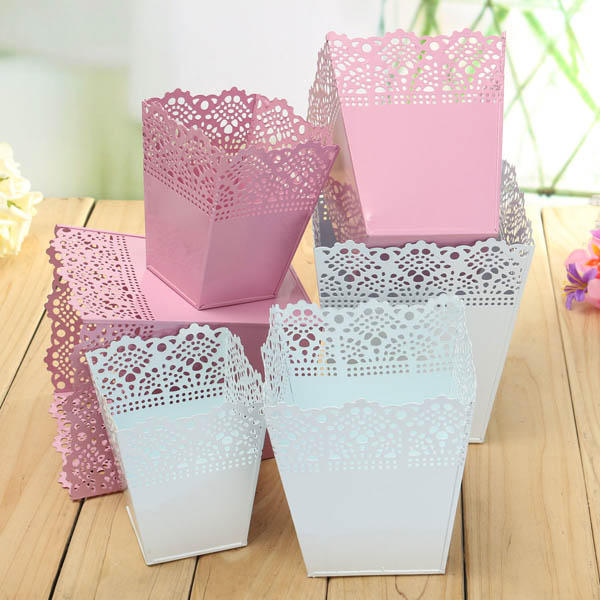 Rural Style Hollow Square Iron Sheet Flower Pot Home Garden Decoration Flower Pot - S White