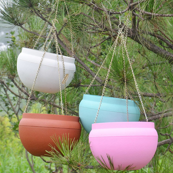 Plastic Hanging Planter Pot Home Yard Hanging Flowers Baskets With Chain - brick red