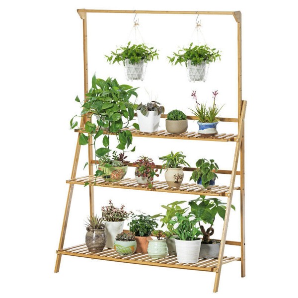 3-tier Height Adjustable Foldable Stair-floor Flower Pot Stands Rack with Removable Pot Hanging Bar Rack Freestanding Foldable -