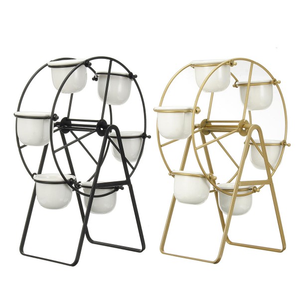 Ceramic Succulent Plant Pot Bonsai Holder Rack Home Tabletop Decor W/ Iron Stand - Black