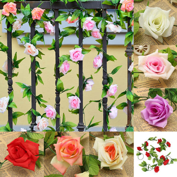 2.4m Artificial Plastic Rose Flower Green Leaves Garland Home Garden Wedding Party Decorations - Pink