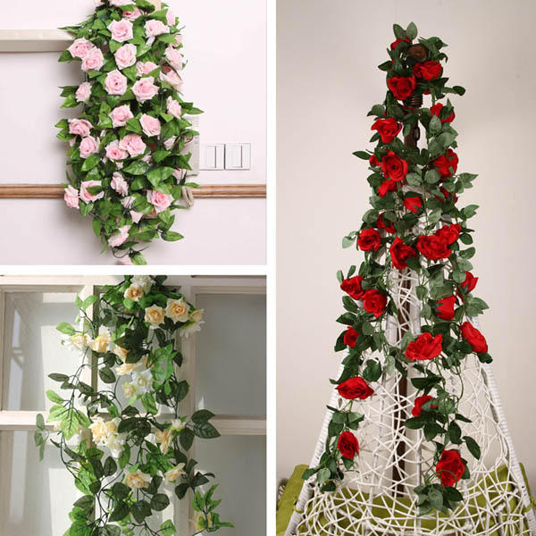 2.4m Artificial Plastic Rose Flower Green Leaves Garland Home Garden Wedding Party Decorations - Pink