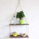 Brown Wooden Wall Storage Rack Rope Hanging Plant Flower Pot Shelf Home Decor - 1 Layer-L