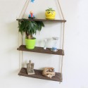 Brown Wooden Wall Storage Rack Rope Hanging Plant Flower Pot Shelf Home Decor - 1 Layer-L