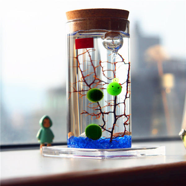 DIY Moss Micro Landscape Cylinder Glass Bottle with Colorful LED Light Succulent Plants Vase - Small